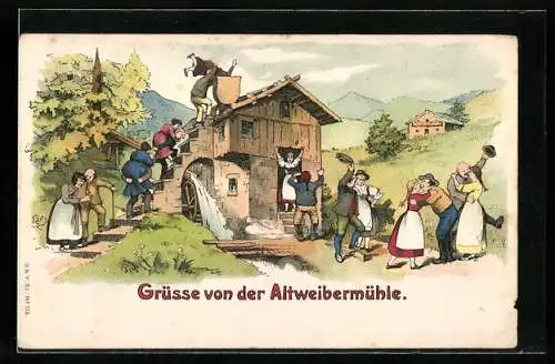 Lithographie Alte Paare steigen auf die Altweibermühle