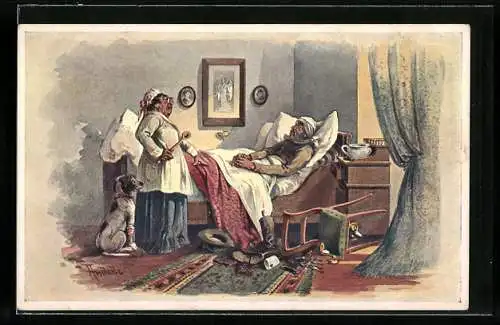 AK Frau droht ihrem Mann im Bett mit dem Kochlöffel