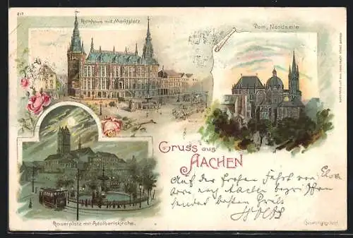 Sonnenschein-AK Aachen, Kaiserplatz mit Adalbertskirche, Dom, Marktplatz mit Rathaus