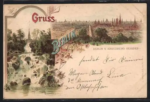 Lithographie Berlin-Kreuzberg, Blick über die Dächer, Wasserfall im Victoria-Park, Blumen, um 1900