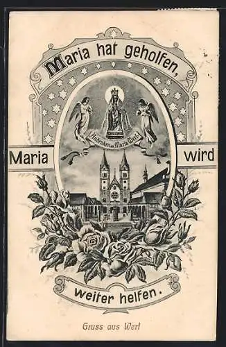 AK Werl, Das Stift Maria Werl, Mariendarstellung, Rosen im Passepartout