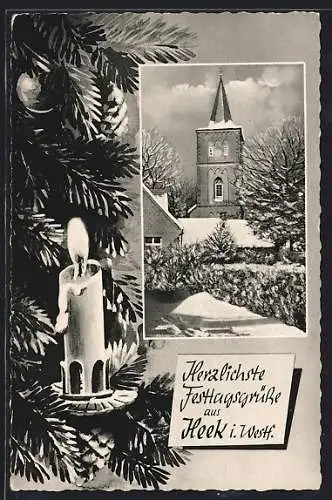 AK Heek i. Westf., Ortspartie mit der Kirche im Winter, weihnachtliches Passepartout