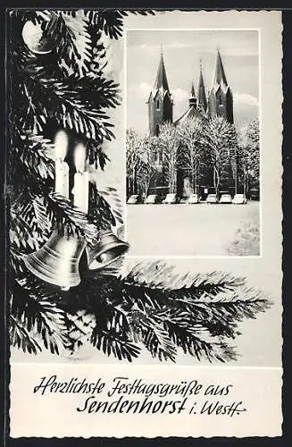 AK Sendenhorst i. Westf., Blick zur Kirche im Schnee, weihnachtliches Passepartout