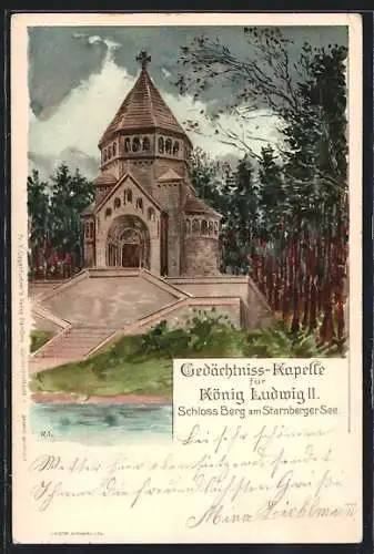 Lithographie Starnberg, Gedächtnis Kapelle f. König Ludwig II