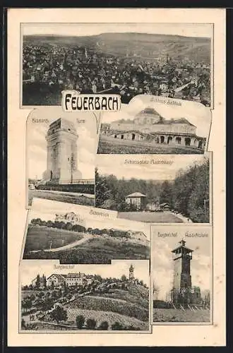 AK Feuerbach / Stuttgart, Bismarckturm, Schiessplatz Mäderklinge, Schloss Solitude