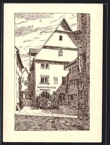 Künstler-AK Rothenburg / Tauber, Gasthaus Roter Hahn