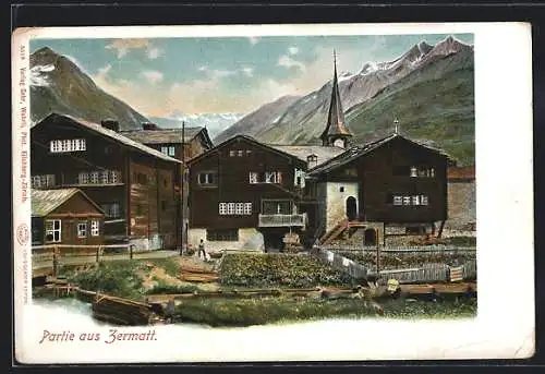 AK Zermatt, Ortspartie mit Kirchturm und Bergpanorama
