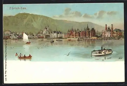 Lithographie Künzli Nr. 5013: Zürich, Dampfer auf dem Zürich-See gegen Uto, Berg mit Gesicht / Berggesichter