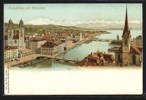 Lithographie Zürich, Blick auf den Zürichsee und Glärnisch