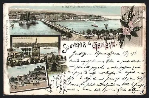 Lithographie Genf, Rive droite & Pont et Quai du Mont Blanc, Monument du duc de Brunswick, Place Neuve