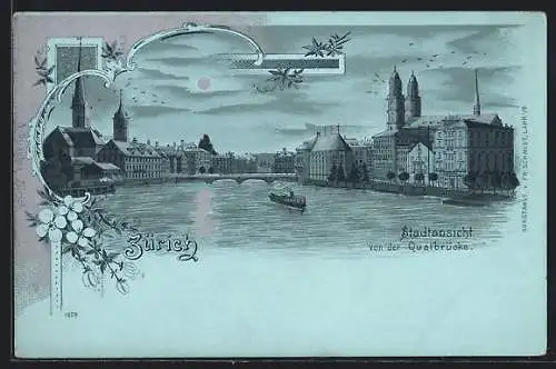 Mondschein-Lithographie Zürich, Stadtansicht mit Kirche von der Quaibrücke