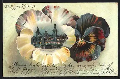 Lithographie Zürich, Tonhalle bei Mondschein im Stiefmütterchen, Passepartout