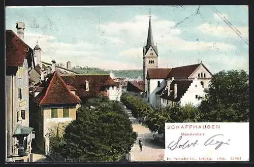 AK Schaffhausen, Münsterplatz mit Cafe-Restaurant und Kirche