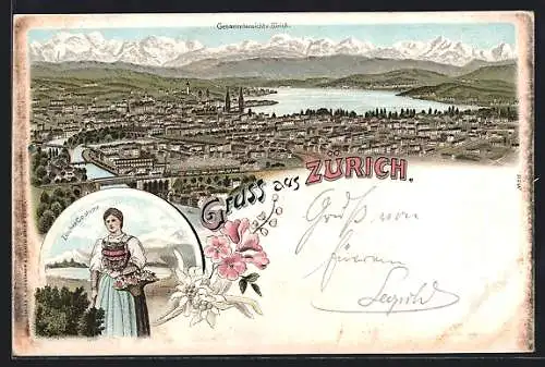 Lithographie Zürich, Gesamtansicht, Züricher Costume