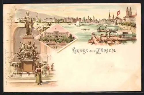 Lithographie Zürich, Ortsansicht, Escherdenkmal