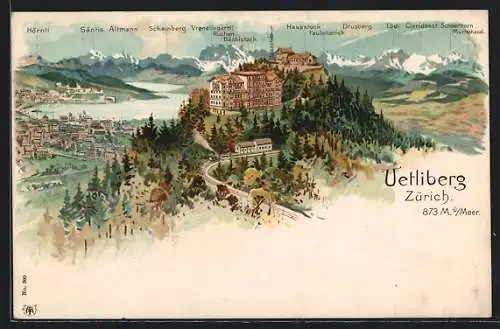 Lithographie Zürich, Uetliberg mit Blick zum Hörnli, Drusberg & Mürtschenst