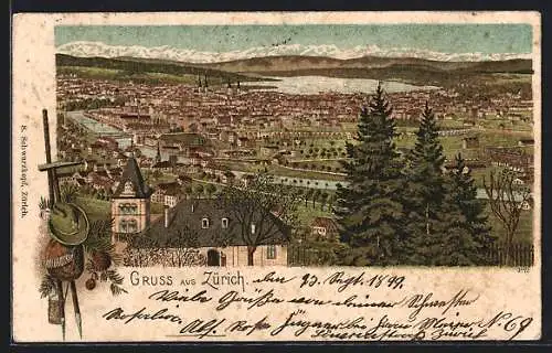 Lithographie Zürich, Panoramablick mit Kirche im Vordergrund