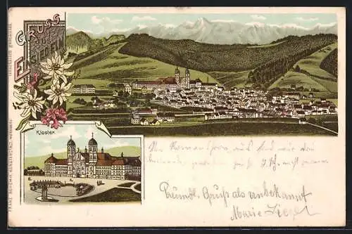 Lithographie Einsiedeln, Gesamtansicht und Kloster