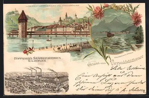 Lithographie Luzern, Ortsansicht mit Kappelbrücke und Wasserthurm, Hoffmann`s Stärkefabriken Salzuflen