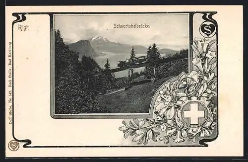 AK Rigi, Schnurtobelbrücke mit Bergbahn