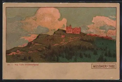 Lithographie Rigi Kulm, Panorama mit Hotel bei Sonnenaufgang, Reklame für Messmer`s Tee