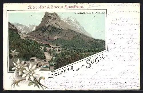 Lithographie Grindelwald, Waldwirtschaft mit Eiger und Viescherhörner