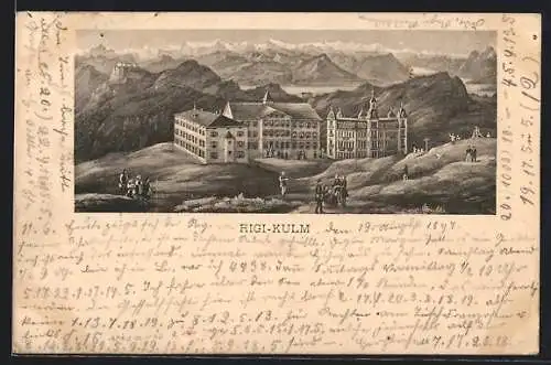 Lithographie Rigi-Kulm, Panorama mit Hotel