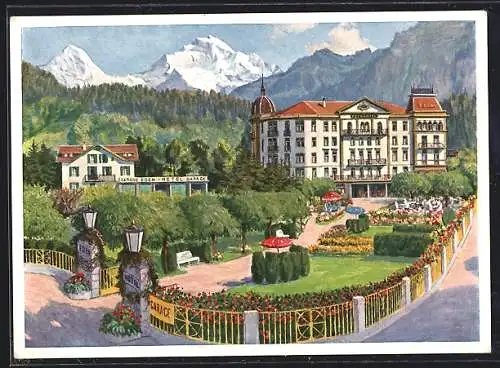 Künstler-AK Interlaken, Eden-Hotel mit Garten