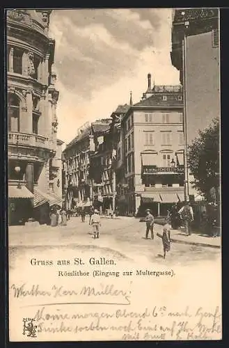 AK St. Gallen, Eingang zur Multergasse mit Geschäft, Rösslitor