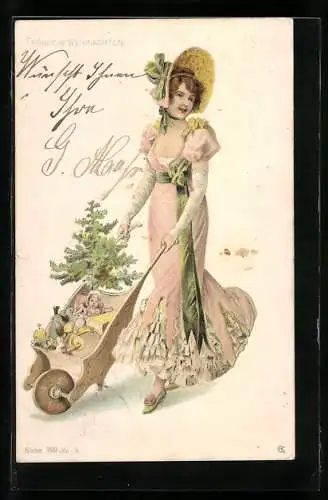 Künstler-AK Frau schiebt Karren mit Weihnachtsgeschenken, Jugendstil