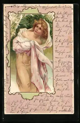 AK Dame mit Schleier im Grünen, Jugendstil