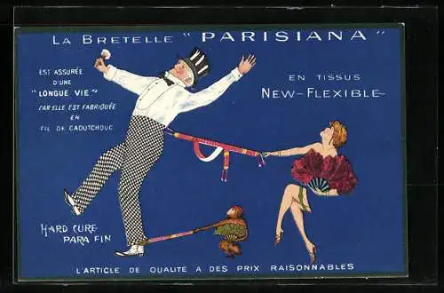 AK La Bretelle Parisiana, Reklame für Hosenträger, Tänzerin u. Affe ziehen an einem Hosenträger, Art Deco