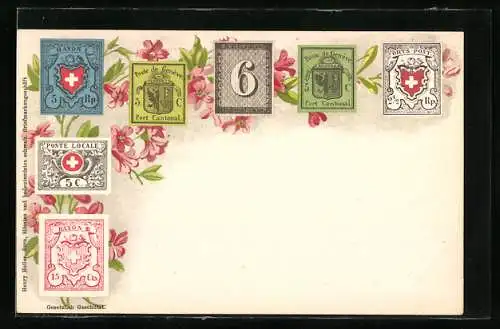 AK Genève, Briefmarken mit Wappen, Blumenverzierung