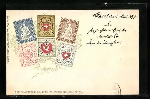 Lithographie Basel, Briefmarken und Wappen der Stadt-Post