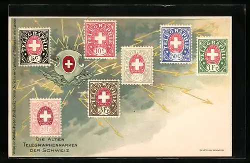 AK Die Alten Telegraphenmarken der Schweiz, 7 Briefmarken, Blitze am Himmel