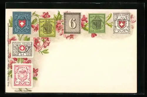 AK Genève, Briefmarken mit Wappen, Blumenverzierung