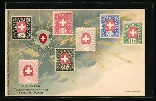 AK Die Alten Telegraphenmarken der Schweiz, 7 Briefmarken, Blitze am Himmel