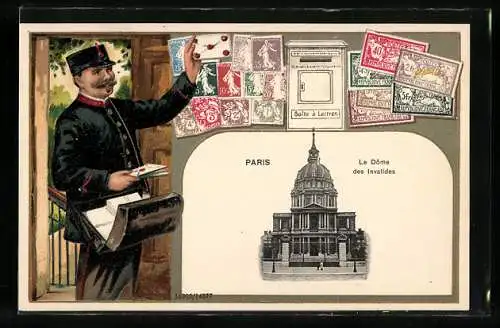 AK Paris. Le Dôme des Invalides, Briefträger und Briefmarken