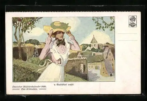 AK Frau im Kleid mit Hut im Mai, Deutscher Mädchenkalender 1910, Das Kränzchen