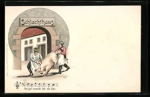 AK Fleischer mit einem Schwein am Schlachthaus