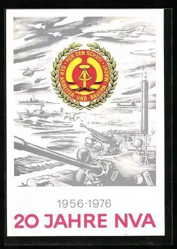 AK DDR-Propaganda, 20 Jahre NVA, 1956-1976, Hubschrauber, Flugzeuge, Panzer, Schiffe