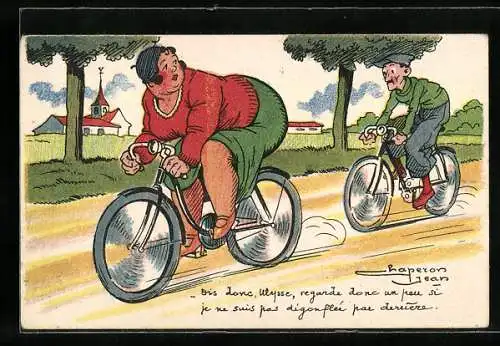 AK Übergewichtige Frau und Mann fahren Rad