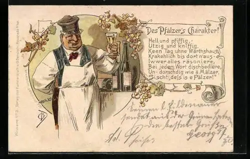 Künstler-Lithographie Des Pfälzer`s Charakter, Scherz, Winzer, Wein