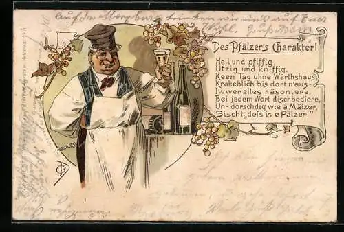 Künstler-Lithographie Des Pfälzer`s Charakter, Scherz, Winzer, Wein