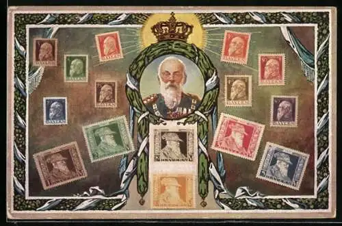 AK Prinzregent Luitpold von Bayern, Krone, Briefmarken, zum 90. Geburtstag am 12.3.1911