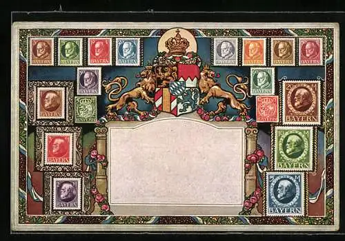 AK Wappen mit Briefmarkenrahmung