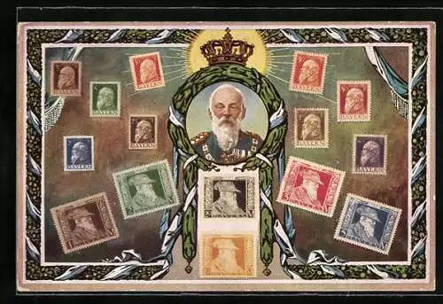 AK Prinzregent Luitpold von Bayern, Krone, Briefmarken, zum 90. Geburtstag am 12.3.1911