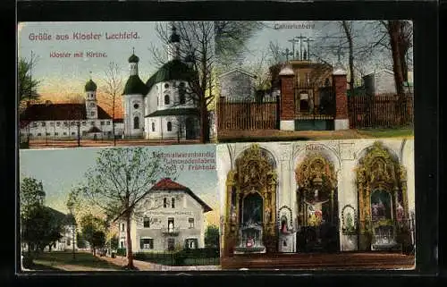 AK Lechfeld, Kolonialwarenhandlung Limonadenfabrik von V. Frühholz, Kloster mit Kirche, Calvarienberg