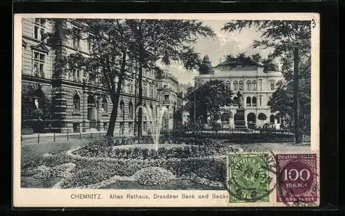 AK Chemnitz, Altes Rathaus, Dresdner Bank und Springbrunnen