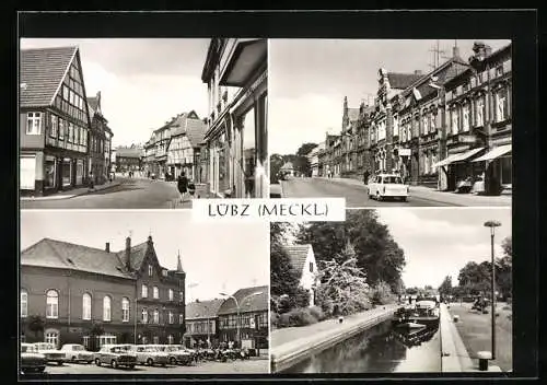 AK Lübz /Meckl., Breitscheidstrasse, Goldberger Strasse, HOG Zum Stadtturm, Schleuse